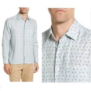 Ted Baker London Arnel Blue Linen Geometric Print Long Sleeve Shirt Mens 4 L